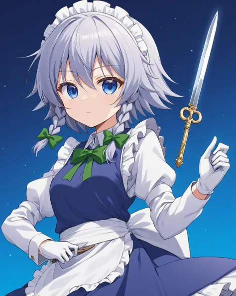 izayoi sakuya,1girl, solo, maid_headdress, white_gloves, twin_braids, hair_bow, green_bow, maid, holding_knife, blue_background, blue_dress, closed_mouth, waist_apron, weapon, long_sleeves, maid_apron, white_shirt
<lora:izayoi_sakuya_image4179_2023-12-11-000007:1>,star-shaped_pupils,symbol-shaped_pupils,. gorgeous,key visual, vibrant, studio anime,award-winning, professional, highly detailed,high budget, cinemascope