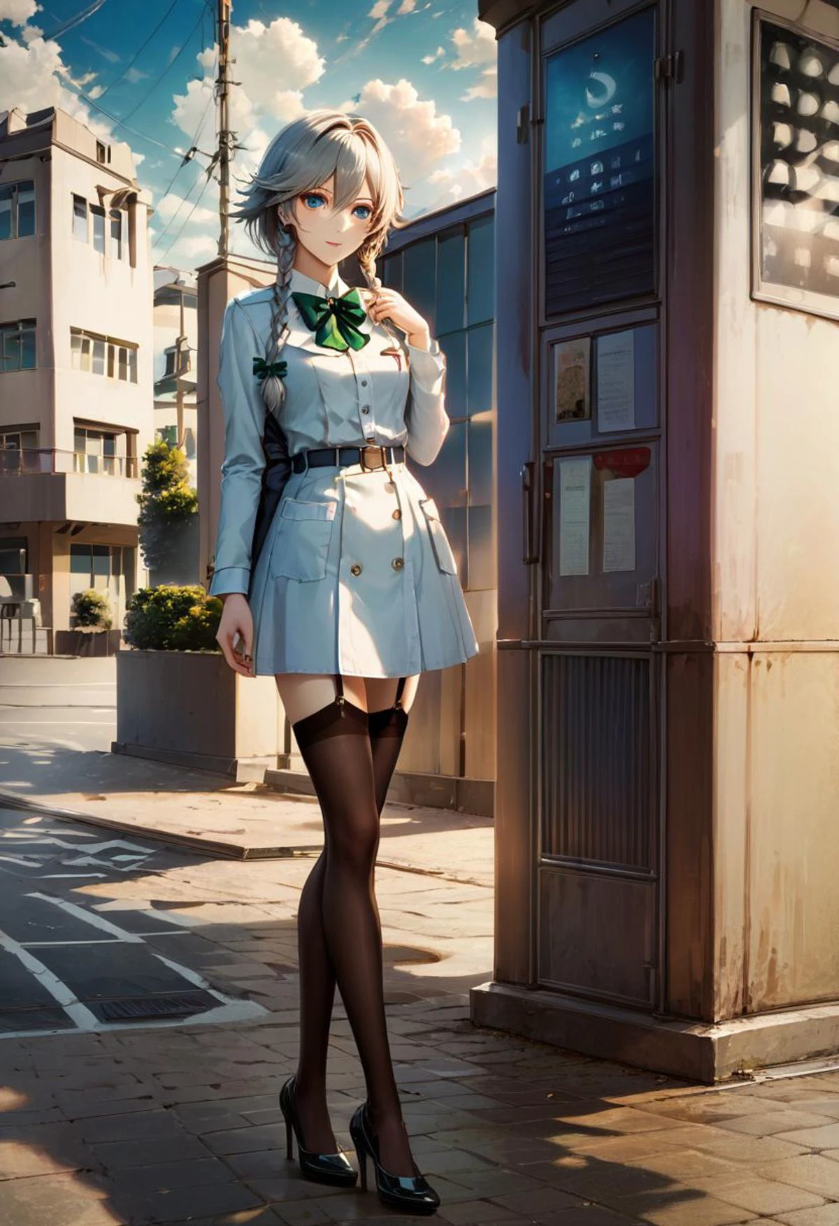 score_9,score_8_up,score_7_up,score_6_up,source_anime, <lora:Worldly_XL:1.40>
(low horizon, open sea, clear sky:1.7), pavement, evening light
1girl, solo, long legs, walking on seaside,
izayoi sakuya, <lora:izayoi_sakuya_image4179_2023-12-11-000007:1.25> casual clothes, black left thigh strap, black thighhighs, twin braids, blue eyes, silver hair, green bows, green bowtie, flat chest, small breasts, hair between eyes, shoes, delicate strappy heels, pocket watch, black garter straps,
<lora:loraeyesxl:0.50>
zPDXL, zPDXL-neg
<lora:StS_detail_slider_v1:4>