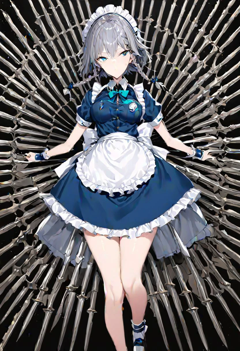 masterpiece, best quality, ultra-detailed, beautiful, nai3, 1girl, solo, full_body, tachi-e,
izayoi_sakuya, solo, 1girl, pocket_watch, ((too_many_pocket_watches)):16, knives between fingers, knife, ((too_many_knifes)):16, too_many_lace, lace, short_hair, bow, blue_eyes, ribbon, hair_bow, grey_hair, short_sleeves, braid, apron, wrist_cuffs, maid_headdress, maid, twin_braids, hair_flaps,