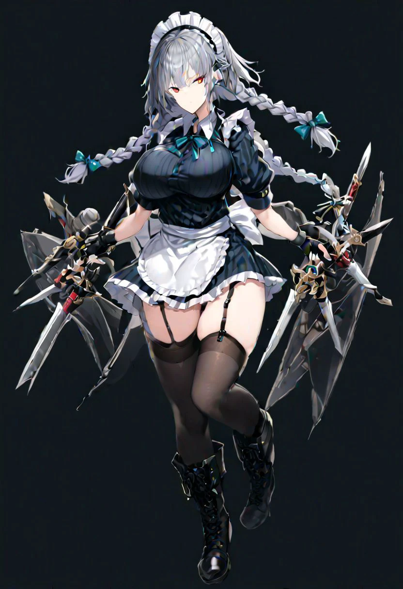 masterpiece, best quality, ultra-detailed, beautiful, nai3, 1girl, solo, full_body, tachi-e,
izayoi_sakuya_\(koumajou_densetsu\), solo, 1girl, shirt, red_eyes, bow, large_breasts, hair_between_eyes, blue_eyes, ribbon, hair_bow, collared_shirt, boots, braid, thighhighs, shoes, black_footwear, gloves, grey_eyes, striped, neck_ribbon, maid_headdress, maid, medium_hair, black_shirt, black_gloves, twin_braids, fingerless_gloves, watch, pocket_watch, garter_straps, vertical_stripes, expressionless, dual_wielding, striped_shirt,