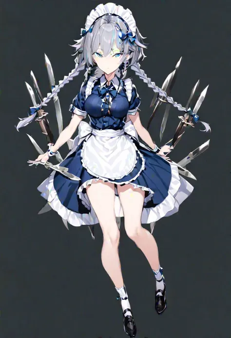 masterpiece, best quality, ultra-detailed, beautiful, nai3, 1girl, solo, full_body, tachi-e, 
izayoi_sakuya, solo, 1girl, pocket_watch, knives between fingers, knife, lace, short_hair, bow, blue_eyes, ribbon, hair_bow, grey_hair, short_sleeves, braid, apron, wrist_cuffs, maid_headdress, maid, twin_braids, hair_flaps,