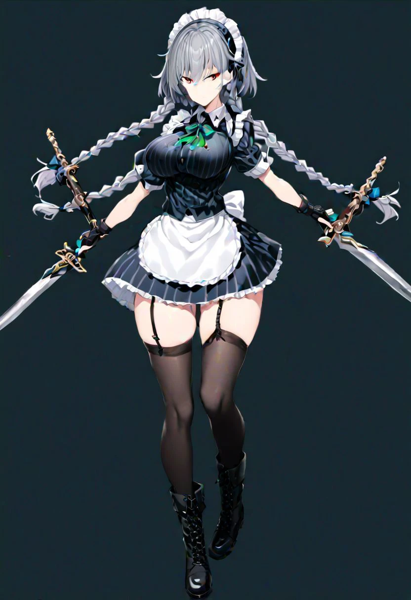 masterpiece, best quality, ultra-detailed, beautiful, nai3, 1girl, solo, full_body, tachi-e,
izayoi_sakuya_\(koumajou_densetsu\), solo, 1girl, shirt, red_eyes, bow, large_breasts, hair_between_eyes, blue_eyes, ribbon, hair_bow, collared_shirt, boots, braid, thighhighs, shoes, black_footwear, gloves, grey_eyes, striped, neck_ribbon, maid_headdress, maid, medium_hair, black_shirt, black_gloves, twin_braids, fingerless_gloves, watch, pocket_watch, garter_straps, vertical_stripes, expressionless, dual_wielding, striped_shirt,