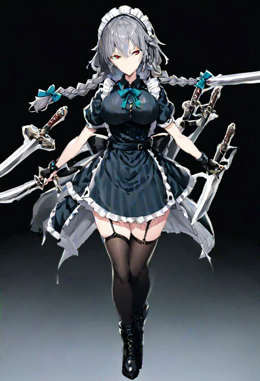 masterpiece, best quality, ultra-detailed, beautiful, nai3, 1girl, solo, full_body, tachi-e,
izayoi_sakuya_\(koumajou_densetsu\), solo, 1girl, shirt, red_eyes, bow, large_breasts, hair_between_eyes, blue_eyes, ribbon, hair_bow, collared_shirt, boots, braid, thighhighs, shoes, black_footwear, gloves, grey_eyes, striped, neck_ribbon, maid_headdress, maid, medium_hair, black_shirt, black_gloves, twin_braids, fingerless_gloves, watch, pocket_watch, garter_straps, vertical_stripes, expressionless, dual_wielding, striped_shirt,