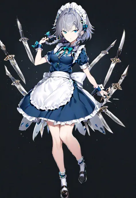 masterpiece, best quality, ultra-detailed, beautiful, nai3, 1girl, solo, full_body, tachi-e, 
izayoi_sakuya, solo, 1girl, pocket_watch, knives between fingers, knife, lace, short_hair, bow, blue_eyes, ribbon, hair_bow, grey_hair, short_sleeves, braid, apron, wrist_cuffs, maid_headdress, maid, twin_braids, hair_flaps,