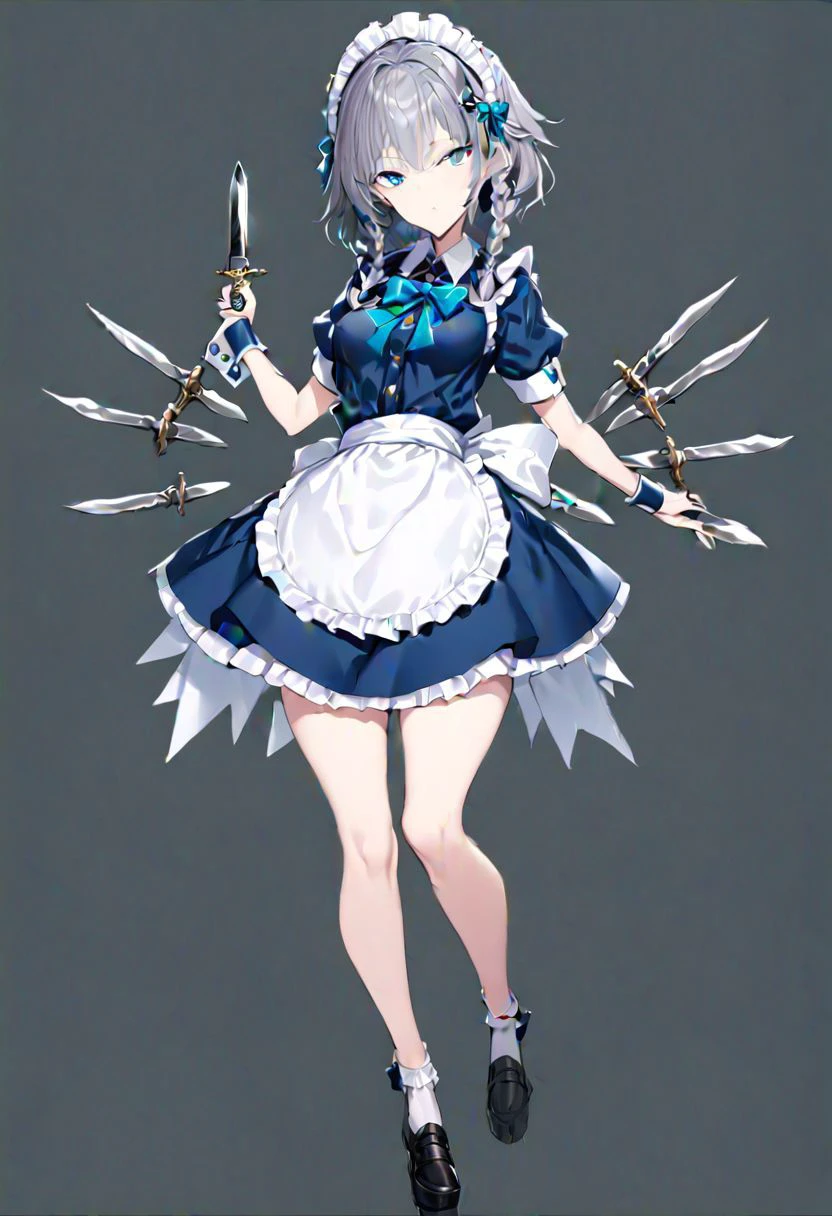 masterpiece, best quality, ultra-detailed, beautiful, nai3, 1girl, solo, full_body, tachi-e,
izayoi_sakuya, solo, 1girl, pocket_watch, knives between fingers, knife, lace, short_hair, bow, blue_eyes, ribbon, hair_bow, grey_hair, short_sleeves, braid, apron, wrist_cuffs, maid_headdress, maid, twin_braids, hair_flaps,