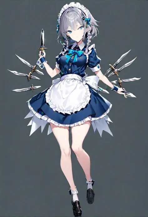 masterpiece, best quality, ultra-detailed, beautiful, nai3, 1girl, solo, full_body, tachi-e, 
izayoi_sakuya, solo, 1girl, pocket_watch, knives between fingers, knife, lace, short_hair, bow, blue_eyes, ribbon, hair_bow, grey_hair, short_sleeves, braid, apron, wrist_cuffs, maid_headdress, maid, twin_braids, hair_flaps,