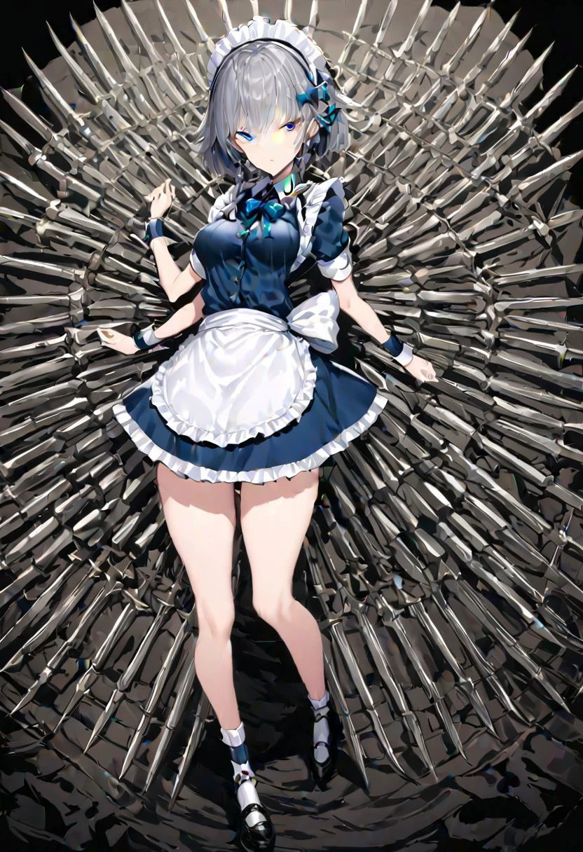 masterpiece, best quality, ultra-detailed, beautiful, nai3, 1girl, solo, full_body, tachi-e,
izayoi_sakuya, solo, 1girl, pocket_watch, ((too_many_pocket_watches)):16, knives between fingers, knife, ((too_many_knifes)):16, too_many_lace, lace, short_hair, bow, blue_eyes, ribbon, hair_bow, grey_hair, short_sleeves, braid, apron, wrist_cuffs, maid_headdress, maid, twin_braids, hair_flaps,
