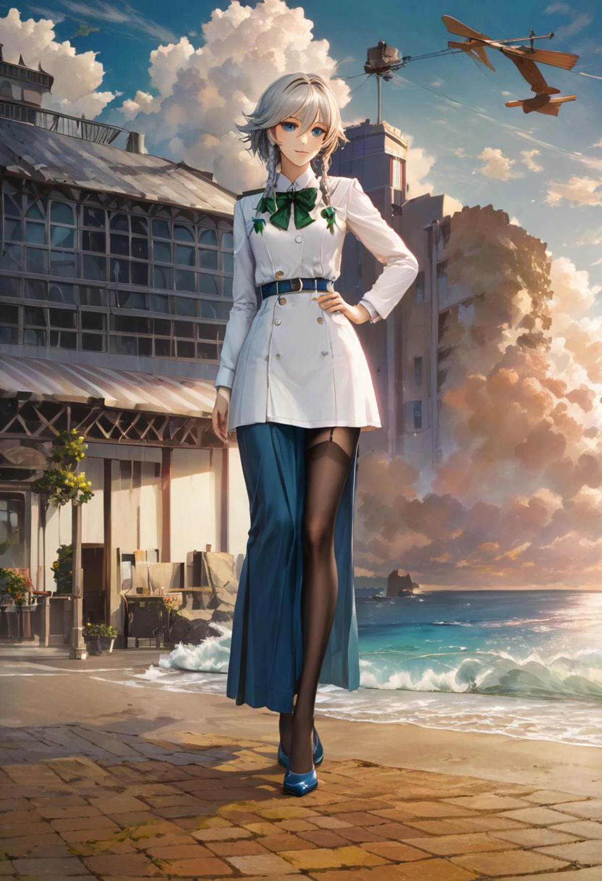 score_9,score_8_up,score_7_up,score_6_up,source_anime, <lora:Worldly_XL:1.40>
(low horizon, open sea, clear sky:1.7), pavement, evening light
1girl, solo, long legs, walking on seaside,
izayoi sakuya, <lora:izayoi_sakuya_image4179_2023-12-11-000007:1.25> casual clothes, black left thigh strap, black thighhighs, twin braids, blue eyes, silver hair, green bows, green bowtie, flat chest, small breasts, hair between eyes, shoes, delicate strappy heels, pocket watch, black garter straps,
<lora:loraeyesxl:0.50>
zPDXL, zPDXL-neg
<lora:StS_detail_slider_v1:4>