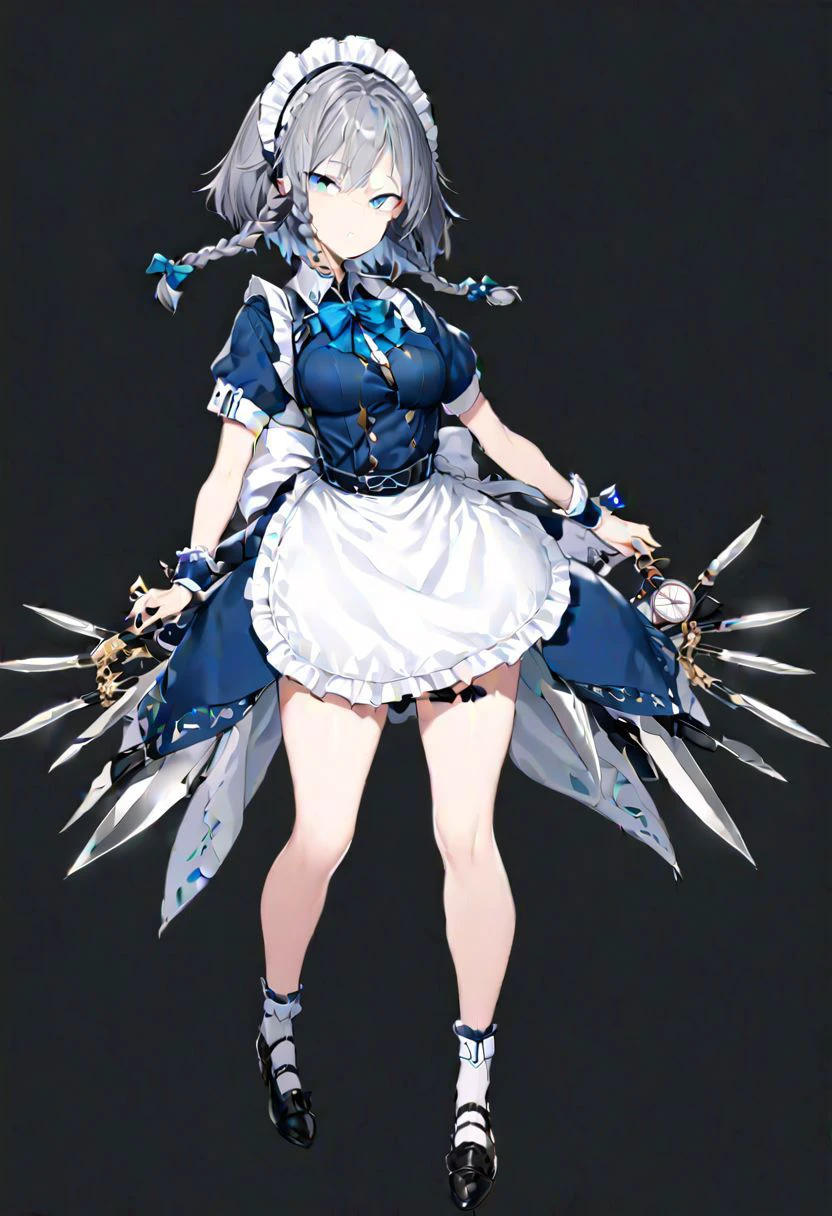 masterpiece, best quality, ultra-detailed, beautiful, nai3, 1girl, solo, full_body, tachi-e,
izayoi_sakuya, solo, 1girl, pocket_watch, knives between fingers, knife, lace, short_hair, bow, blue_eyes, ribbon, hair_bow, grey_hair, short_sleeves, braid, apron, wrist_cuffs, maid_headdress, maid, twin_braids, hair_flaps,