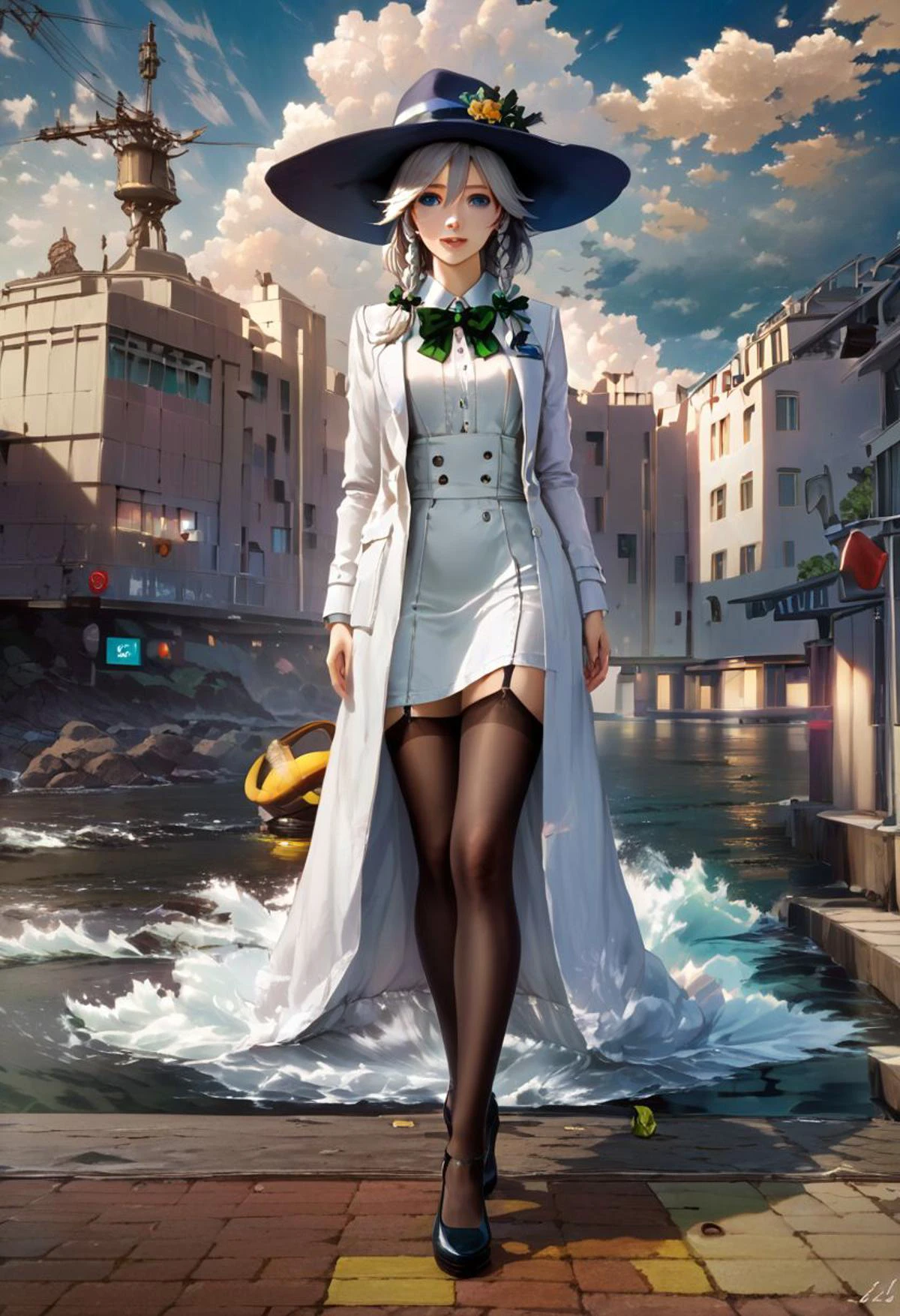 score_9,score_8_up,score_7_up,score_6_up,source_anime, <lora:Worldly_XL:1.40>
(low horizon, open sea, clear sky:2), pavement, evening light
1girl, solo, long legs, walking on seaside,
izayoi sakuya, <lora:izayoi_sakuya_image4179_2023-12-11-000007:1.25> casual clothes, black left thigh strap, black thighhighs, twin braids, blue eyes, silver hair, green bows, green bowtie, flat chest, small breasts, hair between eyes, shoes, delicate strappy heels, pocket watch, black garter straps,
<lora:loraeyesxl:0.50>
zPDXL, zPDXL-neg
<lora:StS_detail_slider_v1:4>