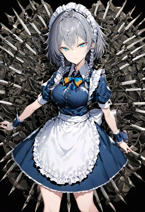 masterpiece, best quality, ultra-detailed, beautiful, nai3, 1girl, solo, full_body, tachi-e, 
izayoi_sakuya, solo, 1girl, pocket_watch, ((too_many_pocket_watches)):16, knives between fingers, knife, ((too_many_knifes)):16, too_many_lace, lace, short_hair, bow, blue_eyes, ribbon, hair_bow, grey_hair, short_sleeves, braid, apron, wrist_cuffs, maid_headdress, maid, twin_braids, hair_flaps,