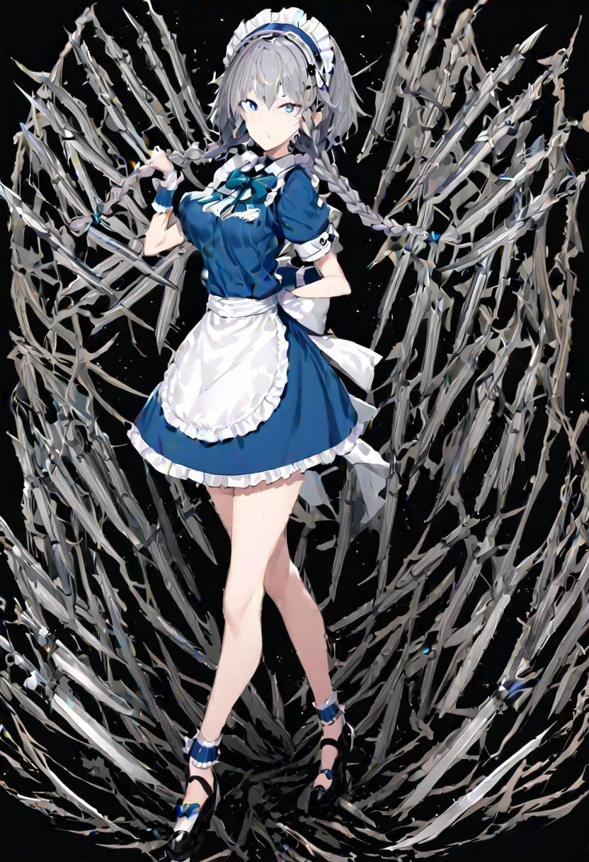 masterpiece, best quality, ultra-detailed, beautiful, nai3, 1girl, solo, full_body, tachi-e,
izayoi_sakuya, solo, 1girl, pocket_watch, ((too_many_pocket_watches)):16, knives between fingers, knife, ((too_many_knifes)):16, too_many_lace, lace, short_hair, bow, blue_eyes, ribbon, hair_bow, grey_hair, short_sleeves, braid, apron, wrist_cuffs, maid_headdress, maid, twin_braids, hair_flaps,