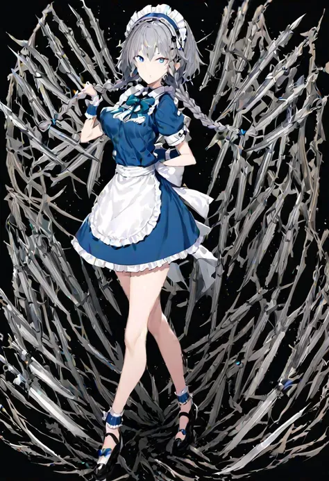 masterpiece, best quality, ultra-detailed, beautiful, nai3, 1girl, solo, full_body, tachi-e, 
izayoi_sakuya, solo, 1girl, pocket_watch, ((too_many_pocket_watches)):16, knives between fingers, knife, ((too_many_knifes)):16, too_many_lace, lace, short_hair, bow, blue_eyes, ribbon, hair_bow, grey_hair, short_sleeves, braid, apron, wrist_cuffs, maid_headdress, maid, twin_braids, hair_flaps,