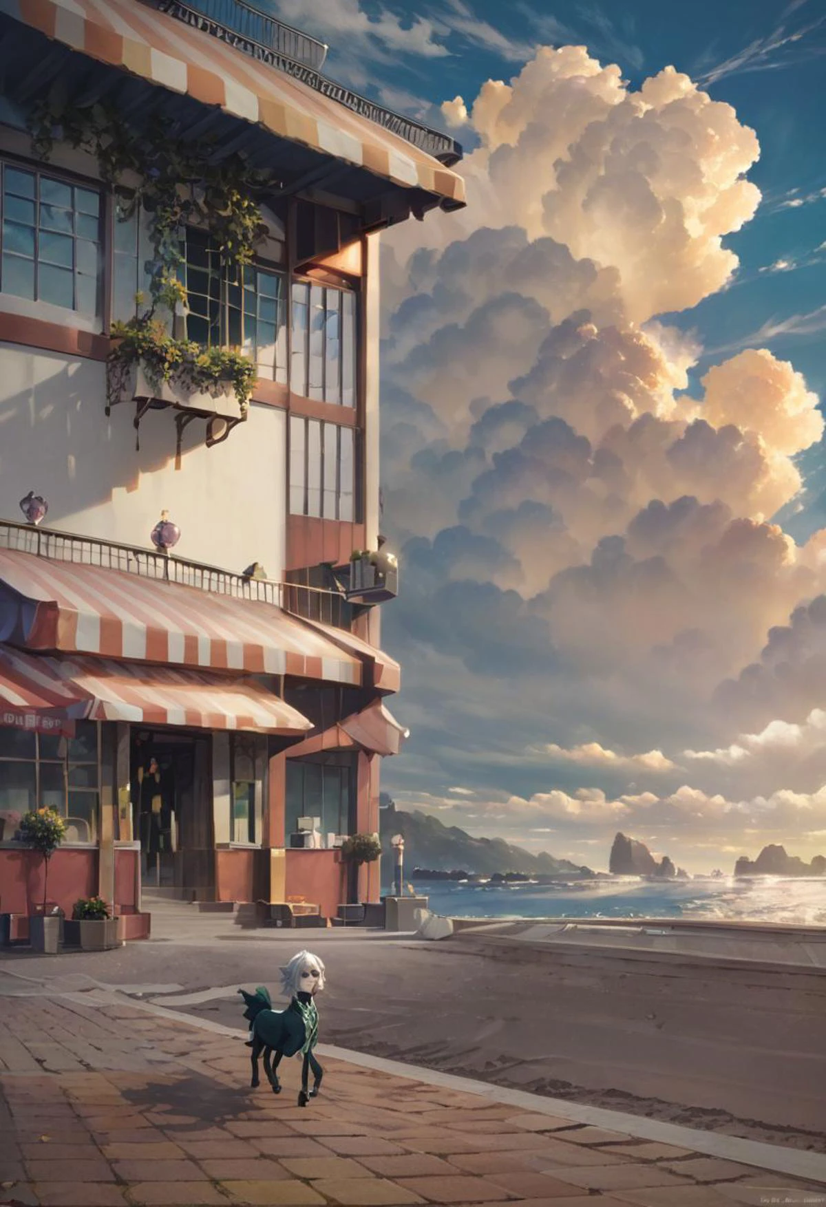 score_9,score_8_up,score_7_up,score_6_up,source_anime, <lora:Worldly_XL:1.20>
(low horizon, open sea, clear sky:2), pavement, evening light
1girl, solo, long legs, walking on seaside,
izayoi sakuya, <lora:izayoi_sakuya_image4179_2023-12-11-000007:1.25> casual clothes, black left thigh strap, black thighhighs, twin braids, blue eyes, silver hair, green bows, green bowtie, flat chest, small breasts, hair between eyes, shoes, delicate strappy heels, pocket watch, black garter straps,
<lora:loraeyesxl:0.50>
zPDXL, zPDXL-neg
<lora:StS_detail_slider_v1:4>
