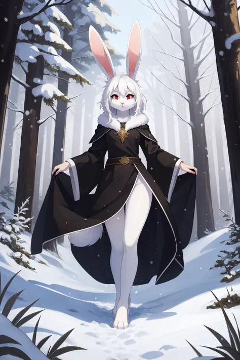 (masterpiece, best quality), intricate details, 8k, artstation, wallpaper, official art, splash art, sharp focus,
(anthro rabbit girl, rabbit ears:1.2),, (1girl), full body fur, white fur, white rabbit ears, white hair, red eyes,
Black robes, mage, arcane ritual, snowy forest, trees,