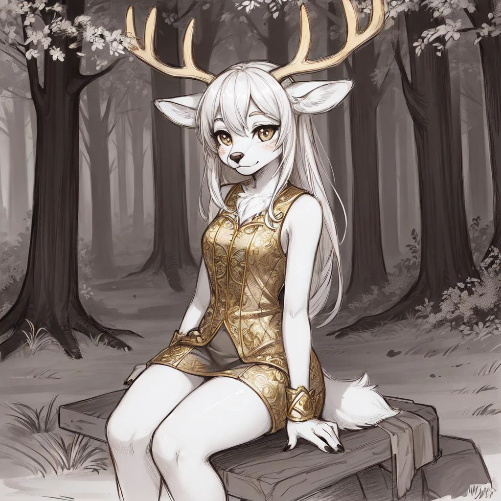 (anthro deer girl, antlers, mottled fur:1.2),, (1girl) (sketch) (sitting, forest background, reverse outfit, gold trim) monochrome