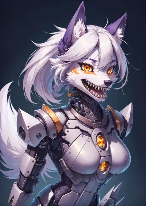 (Masterpiece, Best Quality, Highres:1.4), Detailed, Intricate Details, 4K, 1girl, (beautiful anthro wolf girl, purple fur, sharp teeth fangs), cybernetic armor, white ponytail, orange eyes, cybernetic skin, simple background, best quality, Mech4nim4lAI, <lora:Mech4nim4lAI:0.5>