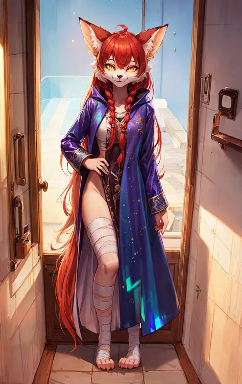 detailed intricate complex, (anthro, cowboy shot, standing:1.2), high quality, indoors, lifelike texture, cinematic lighting, photorealistic, (1girl, fox woman, paws, (prismatic holographic hyper detailed intricate complicated Long coat fengguan pattern), stern smile, glowing eyes, multicolored hair long hair topknot), absurdres, on extremely detailed bathtub, bandage, warp, dual persona, athletic, pov doorway, (best quality, sketch)