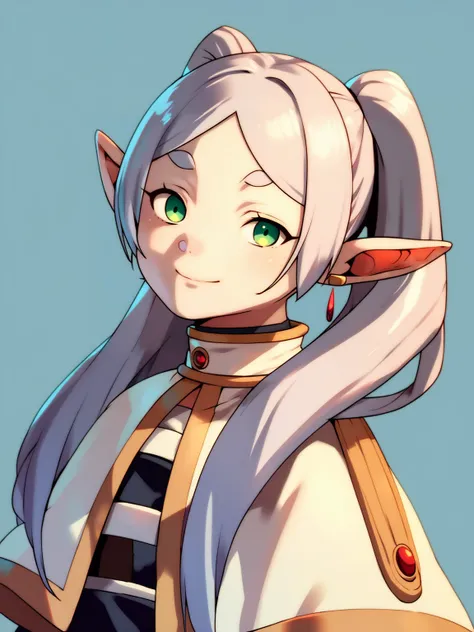 score_9, score_8_up, score_7_up, score_6_up, score_5_up, score_4_up, BREAK, source_cartoon, source_anime, 1girl, frieren, green eyes, grey hair, twintails, pointy ears, eyebrows, white capelet with long sleeves, earrings, 
upper body, smile, looking at viewer, solo, simple background      <lora:FrierenXL:1>