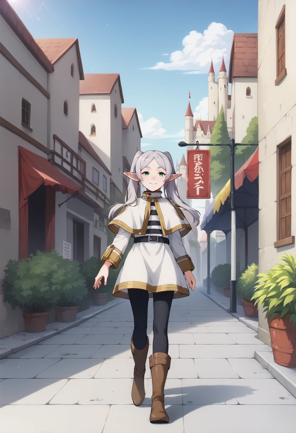 score_9, score_8_up, score_7_up, score_6_up, score_5_up, score_4_up, source_anime, fantasy ADDBASE
sky ADDROW
castle ADDROW
street stalls ADDCOL
1girl walking in the street, frieren, green eyes, grey hair, twintails, pointy ears, eyebrows, earrings, white capelet with long sleeves, black belt, black pantyhose and brown boots, looking at viewer, smile <lora:FrierenXL:1> ADDCOL
street stalls