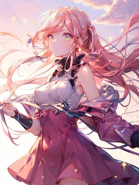1girl, solo, huanxiaoyi, (best quality, 8K, masterpiece, ultra detailed:1.2), cinematic angle, ocean, sunset, gredient sky, dappled sunlight, beautiful clouds, cityscape, lens flare, sparkle, light particles, wide shot, sunbeam, orange clouds, blurry background, dress lift, wind, floating hair, print dress,<lora:huanxiaoyi:1>,pink hair