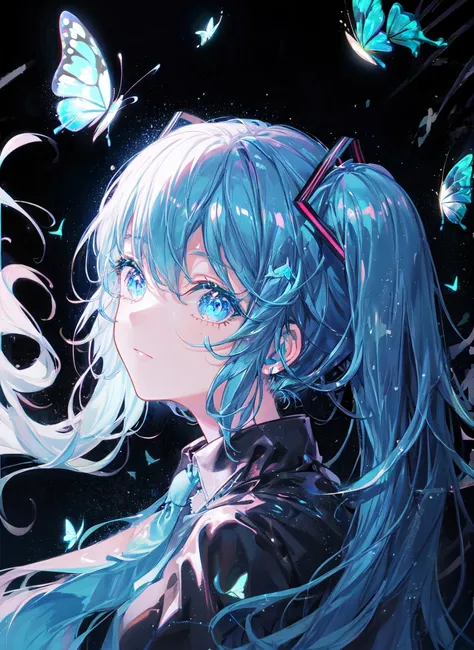 masterpiece, best quality, ultra-detailed, 1girl, hatsune miku, upper body, looking at viewer, ?, negative space, (bioluminescence:1.2), darkness, wind, butterfly, black background, glowing, (blue theme:1.2)