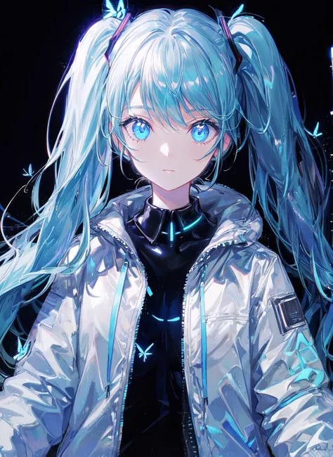 masterpiece, best quality, ultra-detailed, 1girl, hatsune miku, (twintails:1.2), upper body, (white jacket:1.2), looking at viewer, ?, negative space, (bioluminescence:1.2), darkness, wind, butterfly, (black background:1.2), glowing, (blue theme:1.2),
