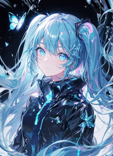 masterpiece, best quality, ultra-detailed, 1girl, hatsune miku, upper body, looking at viewer, ?, negative space, (bioluminescence:1.2), darkness, wind, butterfly, black background, glowing, (blue theme:1.2), light particles,