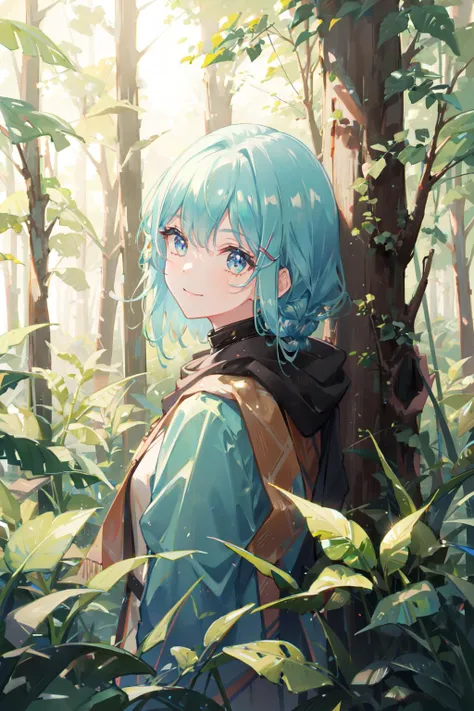 1 girl,forest,smile