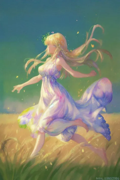 a pretty hippy running carefree through a wheatfield. 1968. flowery summer dress. impressionist watercolour. <lora:GoodHands-vanilla:1.4>