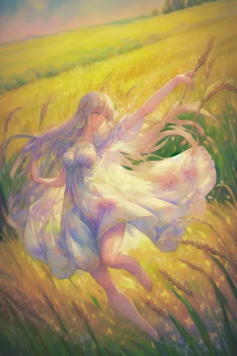 a pretty hippy running carefree through a wheatfield. 1968. flowery summer dress. impressionist watercolour. <lora:GoodHands-vanilla:1.4>