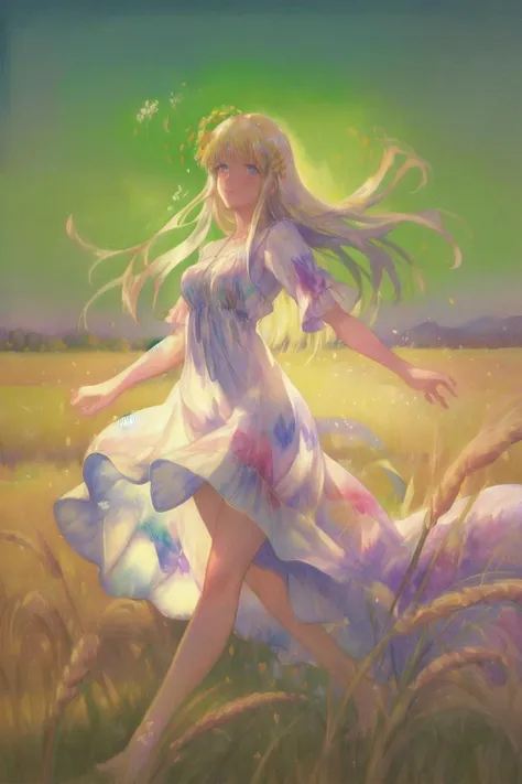 a pretty hippy running carefree through a wheatfield. 1968. flowery summer dress. impressionist watercolour. <lora:GoodHands-vanilla:1.4>