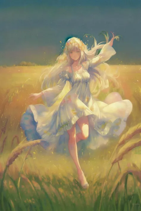 a pretty hippy running carefree through a wheatfield. 1968. flowery summer dress. impressionist watercolour. <lora:GoodHands-vanilla:1.4>