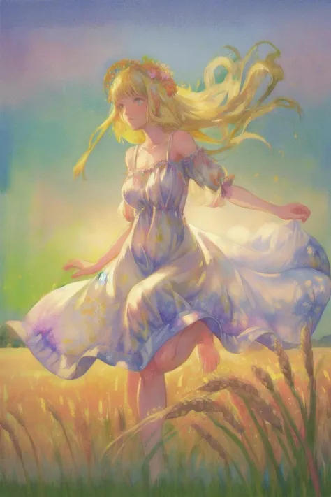a pretty hippy running carefree through a wheatfield. 1968. flowery summer dress. impressionist watercolour. <lora:GoodHands-vanilla:1.4>