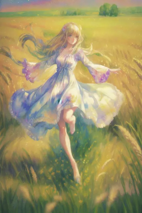 a pretty hippy running carefree through a wheatfield. 1968. flowery summer dress. impressionist watercolour. <lora:GoodHands-vanilla:1.4>