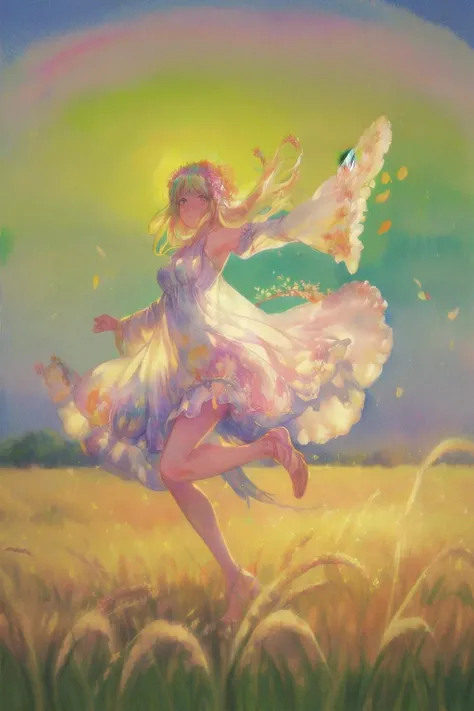 a pretty hippy running carefree through a wheatfield. 1968. flowery summer dress. impressionist watercolour. <lora:GoodHands-vanilla:1.4>