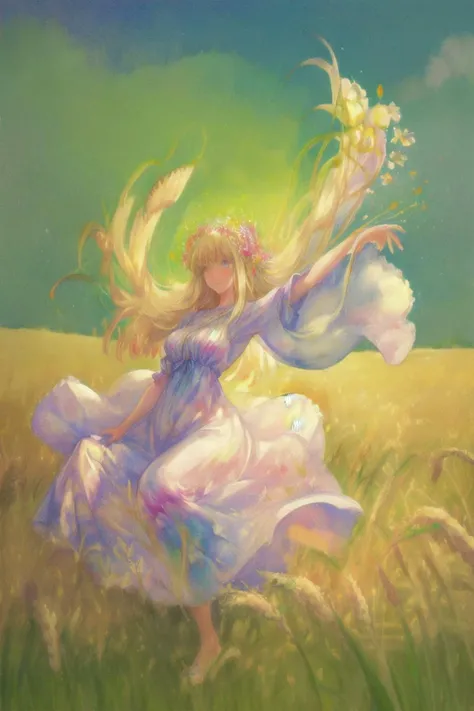 a pretty hippy running carefree through a wheatfield. 1968. flowery summer dress. impressionist watercolour. <lora:GoodHands-vanilla:1.4>
