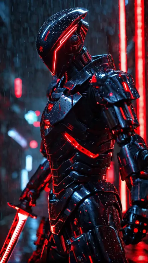 A mecha warrior,dressed in a mecha,mainly black and red,holding a long knife in his hand,with red neon lights,close-up of the whole body,dark night,rain,rich in detail,ultra-high resolution,32K UHD,best quality,masterpiece,