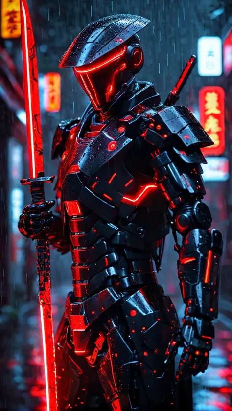 A mecha warrior,dressed in a mecha,mainly black and red,holding a long knife in his hand,with red neon lights,close-up of the whole body,dark night,rain,rich in detail,ultra-high resolution,32K UHD,best quality,masterpiece,