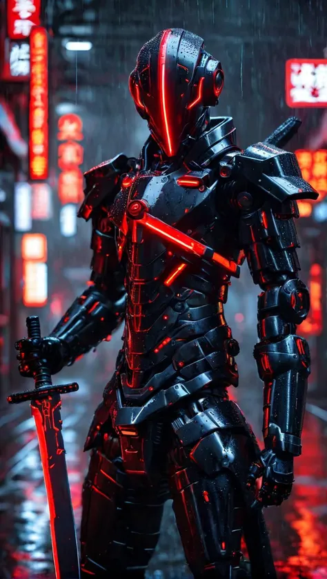 A mecha warrior,dressed in a mecha,mainly black and red,holding a long knife in his hand,with red neon lights,close-up of the whole body,dark night,rain,rich in detail,ultra-high resolution,32K UHD,best quality,masterpiece,