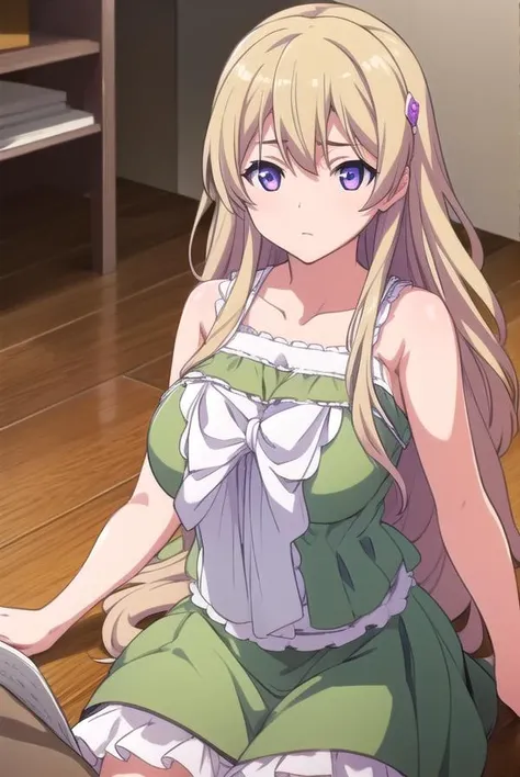 momokafujiwara, <lora:momokafujiwara-lora-nochekaiser:1>,
momoka fujiwara, long hair, blonde hair, hair ornament, (purple eyes:1.1),
BREAK dress, green dress, frills, sleeveless, ribbon, yellow ribbon, skirt,
BREAK looking at viewer,
BREAK indoors,
BREAK <lora:GoodHands-vanilla:1>, (masterpiece:1.2), best quality, high resolution, unity 8k wallpaper, (illustration:0.8), (beautiful detailed eyes:1.6), extremely detailed face, perfect lighting, extremely detailed CG, (perfect hands, perfect anatomy),