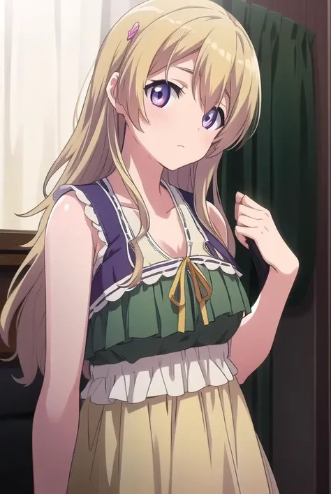 momokafujiwara, <lora:momokafujiwara-lora-nochekaiser:1>,
momoka fujiwara, long hair, blonde hair, hair ornament, (purple eyes:1.1),
BREAK dress, green dress, frills, sleeveless, ribbon, yellow ribbon, skirt,
BREAK looking at viewer,
BREAK indoors,
BREAK <lora:GoodHands-vanilla:1>, (masterpiece:1.2), best quality, high resolution, unity 8k wallpaper, (illustration:0.8), (beautiful detailed eyes:1.6), extremely detailed face, perfect lighting, extremely detailed CG, (perfect hands, perfect anatomy),