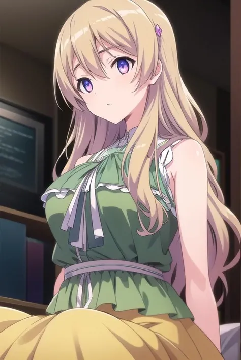 momokafujiwara, <lora:momokafujiwara-lora-nochekaiser:1>,
momoka fujiwara, long hair, blonde hair, hair ornament, (purple eyes:1.1),
BREAK dress, green dress, frills, sleeveless, ribbon, yellow ribbon, skirt,
BREAK looking at viewer,
BREAK indoors,
BREAK <lora:GoodHands-vanilla:1>, (masterpiece:1.2), best quality, high resolution, unity 8k wallpaper, (illustration:0.8), (beautiful detailed eyes:1.6), extremely detailed face, perfect lighting, extremely detailed CG, (perfect hands, perfect anatomy),
