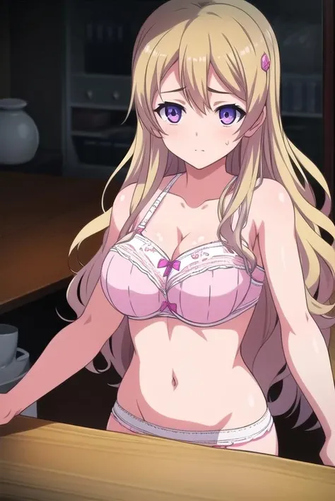 momokafujiwara, <lora:momokafujiwara-lora-nochekaiser:1>,
momoka fujiwara, long hair, blonde hair, hair ornament, (purple eyes:1.1),
BREAK underwear, panties, bra, pink panties, lingerie, pink bra,
BREAK looking at viewer,
BREAK indoors,
BREAK <lora:GoodHands-vanilla:1>, (masterpiece:1.2), best quality, high resolution, unity 8k wallpaper, (illustration:0.8), (beautiful detailed eyes:1.6), extremely detailed face, perfect lighting, extremely detailed CG, (perfect hands, perfect anatomy),