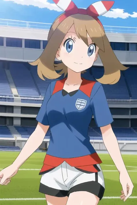 haruka_oras, <lora:HarukaV12:0.75> blue soccer uniform, playing soccer at a huge stadium, perfect lighting, sun rays, masterpiece, perfect lighting, masterpiece, professional lighting, detailed face, 1girl, adorable, very cute,