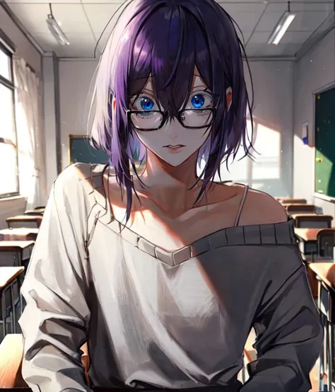au \(d elete\, 1boy, solo, male focus, purple hair, messy hair, bob cut, hair between eyes, blue eyes, glasses, school interior, classroom, school desk, grey sweater, off shoulder, looking at viewer, <lora:au_d_elete_offset:1>, <lora:surprised_v200:0.75>