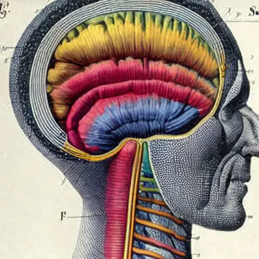 colorful illustration of the brain and nervous system, art by anatomical-illustration