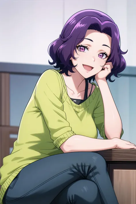 best quality, (masterpiece:1.2), highly detailed, sitting, mature woman,
1girl, solo, <lora:chara_GrandBlue_HamaokaAzusa_v1:0.8>, hamaoka azusa,
looking at the viewer, smile, open mouth, crossed legs,
purple eyes, purple hair, short hair, green sweater, black bra strap, green jeans