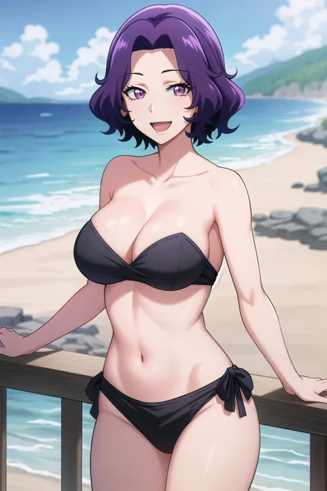 best quality, (masterpiece:1.2), highly detailed, standing, beach, mature woman,
1girl, solo, <lora:chara_GrandBlue_HamaokaAzusa_v1:0.8>, hamaoka azusa,
looking at the viewer, open mouth, smile,
purple eyes, purple hair, short hair, strapless bikini, black bikini