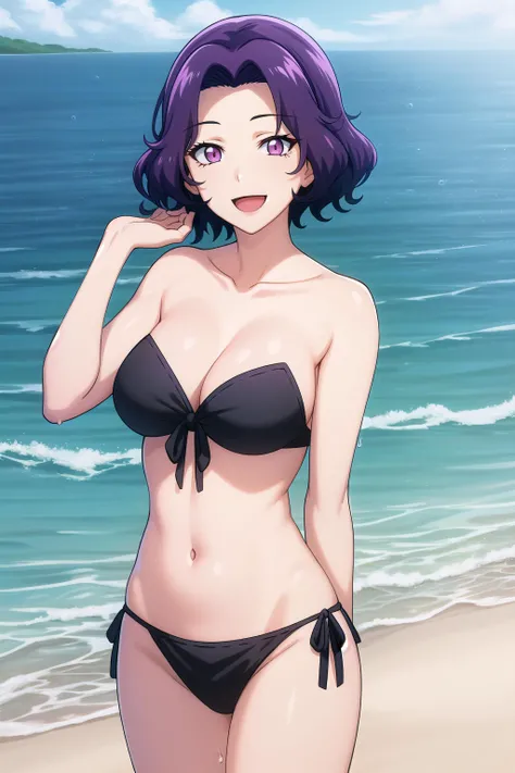best quality, (masterpiece:1.2), highly detailed, standing, sea, water, splash, sun rays,
1girl, solo, <lora:chara_GrandBlue_HamaokaAzusa_v1:0.8>, hamaoka azusa,
looking at the viewer, open mouth, smile,
purple eyes, purple hair, short hair, strapless bikini, black bikini